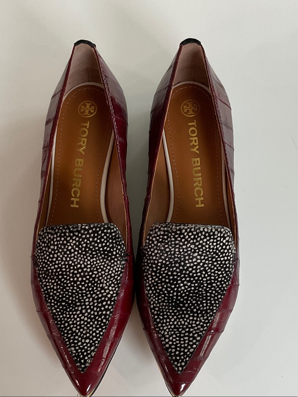 Tory Burch Burgundy Pointed-Toe Loafers with Black & White Spotted Hair calf/EEL